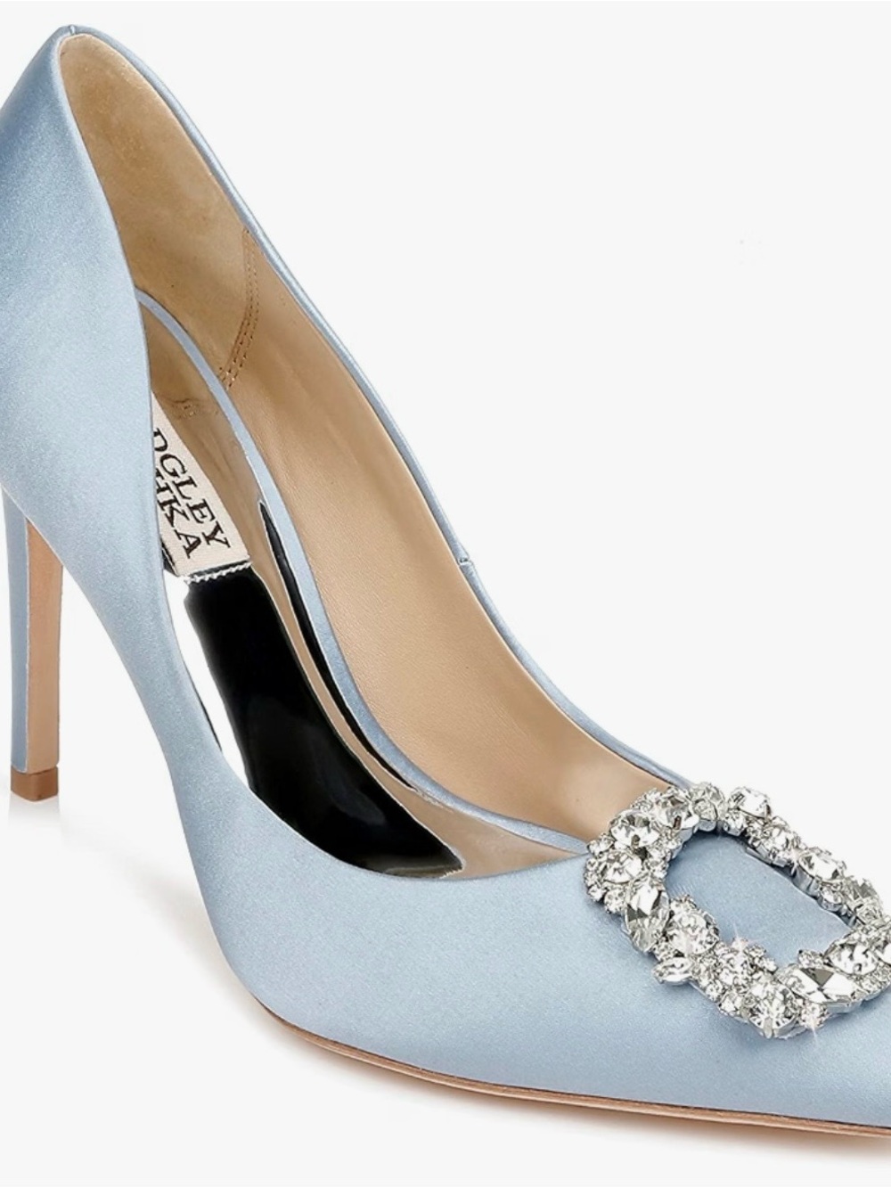 Badgley Mischka Light Blue Satin Crystal-Embellished Pointed Toe Pumps